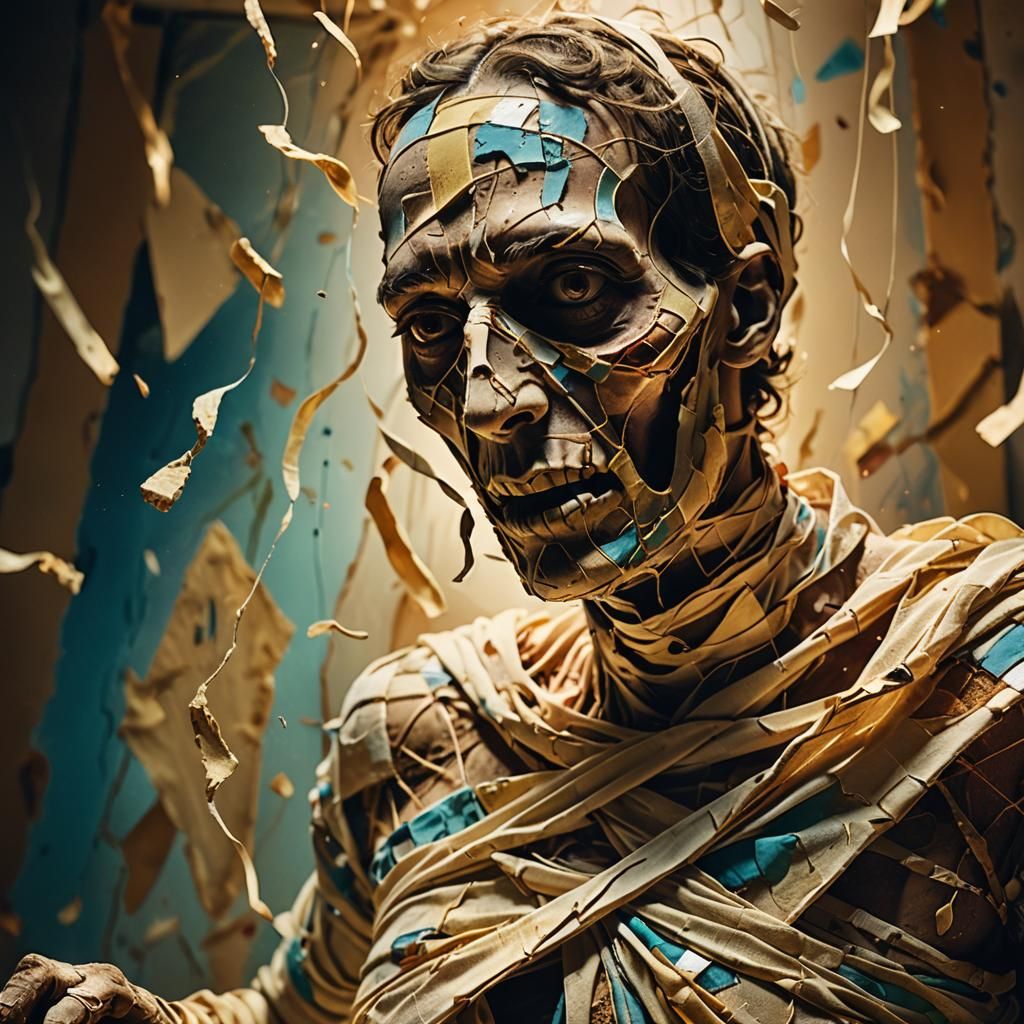 Surreal Unraveling Mummy in Dreamlike Colors