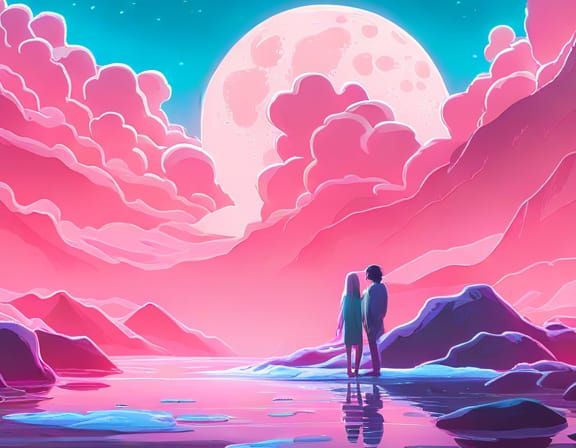 Psychedelic Neon Moonscape with Crystal Splash Art
