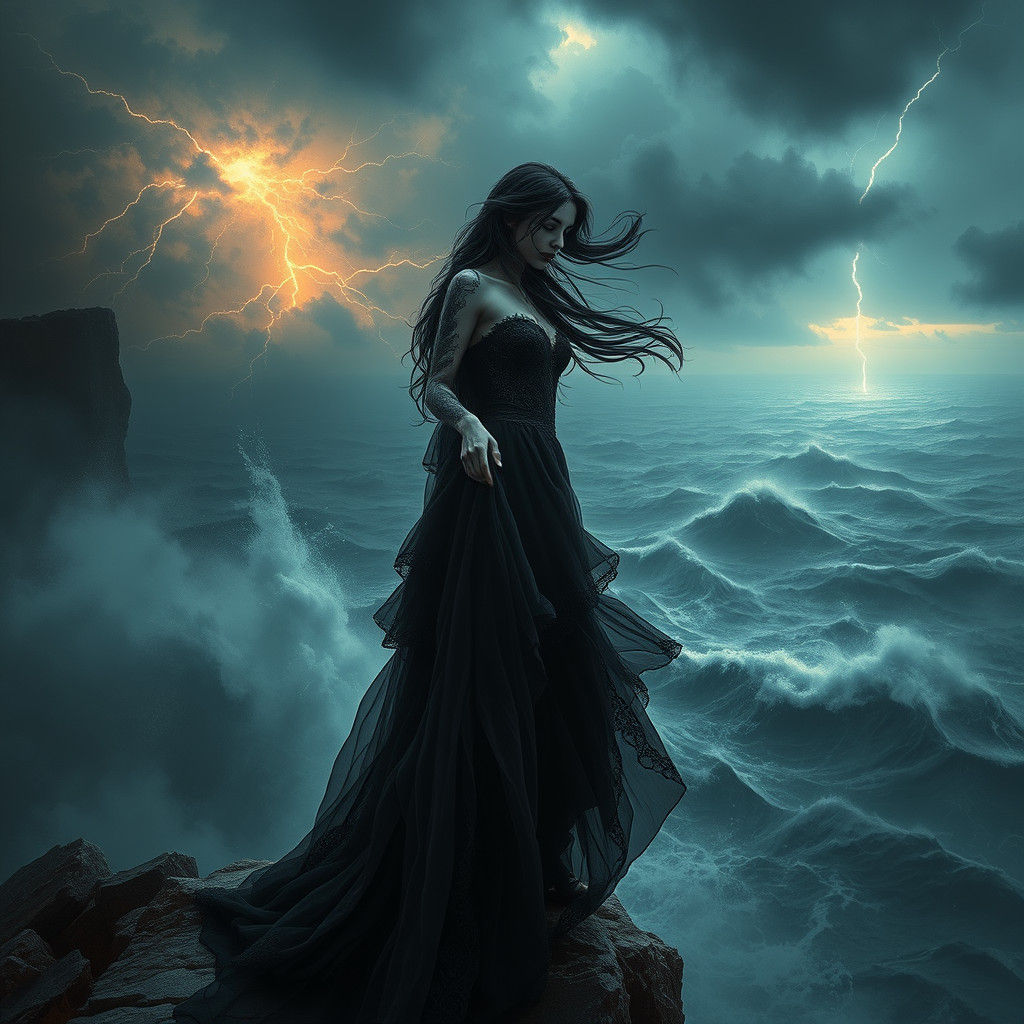 Gothic Woman in Storm, Dark Fantasy Matte Painting