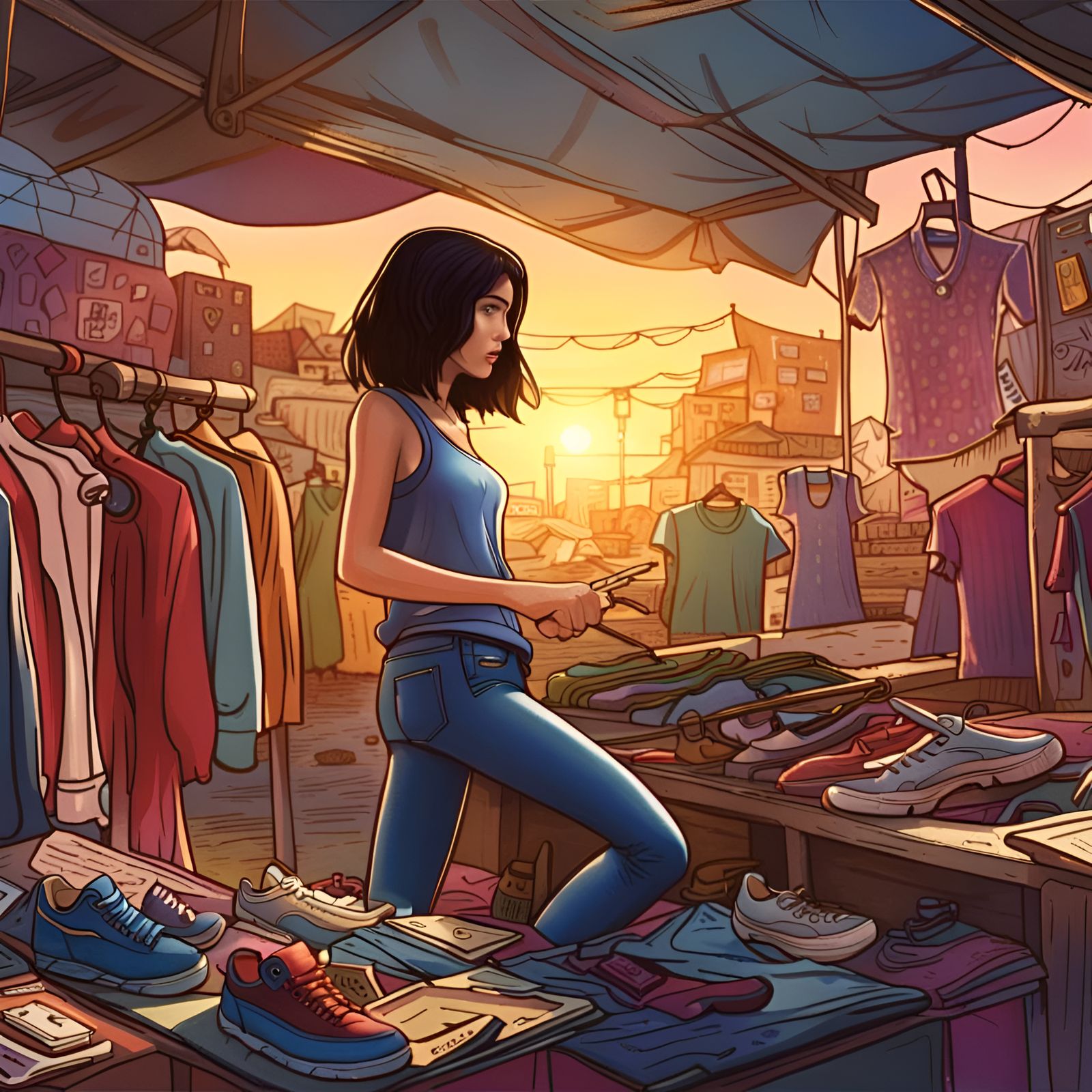 Woman at Flea Market in Comic Book Style