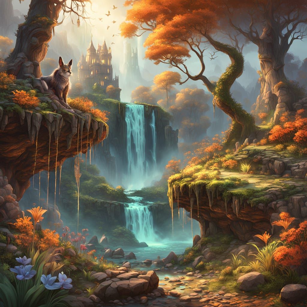 Fantastical Landscape With Luminous Flora and Ruins