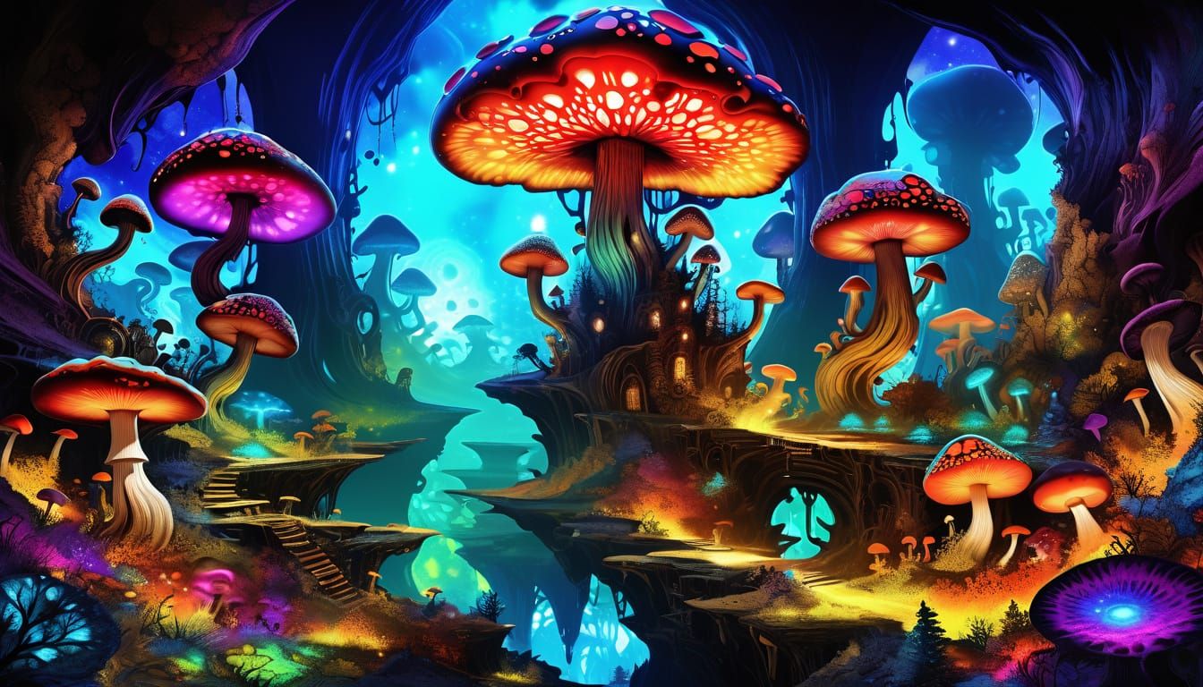 Glowing Mushrooms in Hidden Valley: Alcohol Ink Fantasy