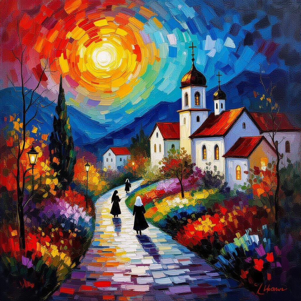 Vibrant Night Convent Landscape with Impasto Brushwork