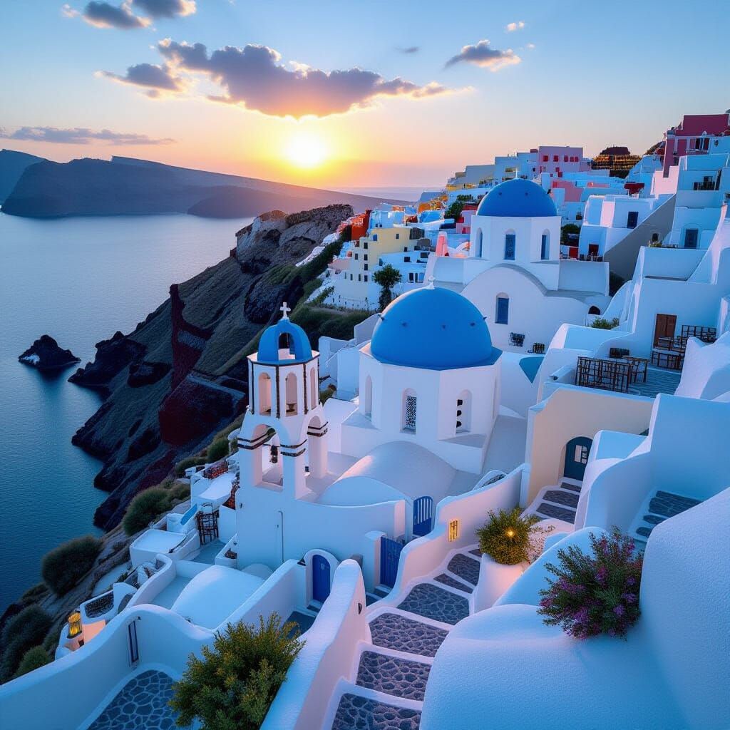 Santorini Greece Aerial View in Photorealistic Style