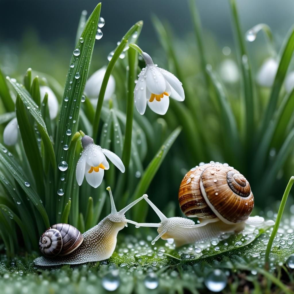 Snail Gazing at Snowdrop Flower in Detail