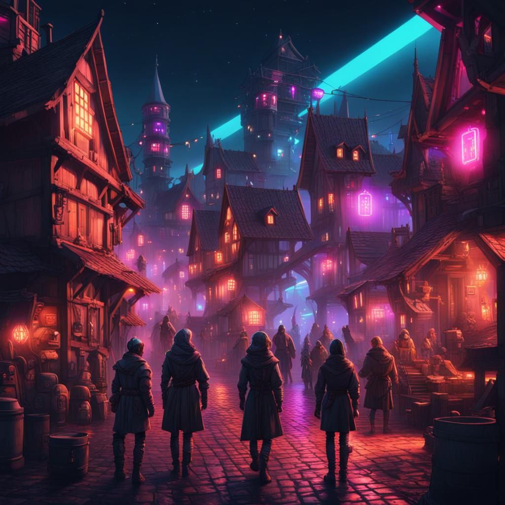Futurepunk Medieval Village at Night with Neon Lights