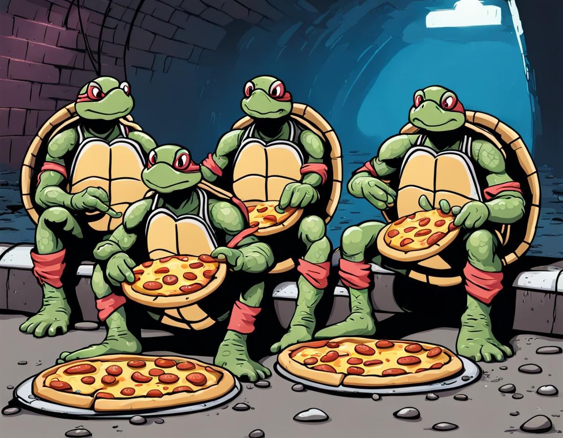 Four turtles ,eating pizza, underground in the sewer