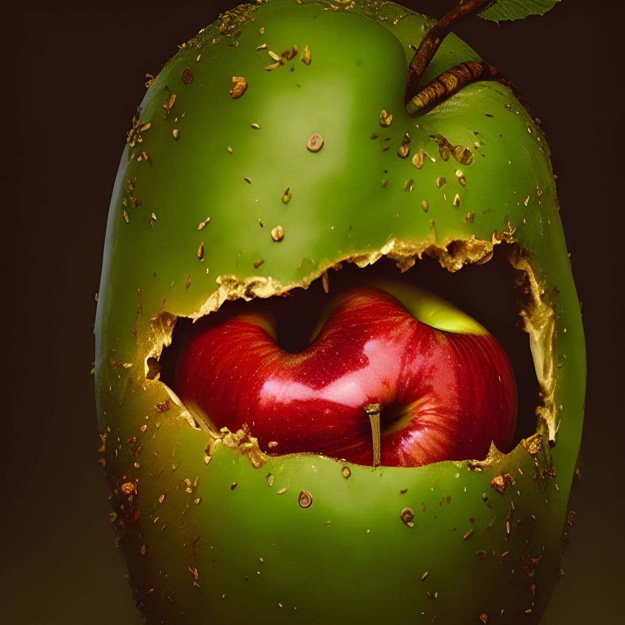 Hyperrealistic Rotten Apple with Worms in 8k