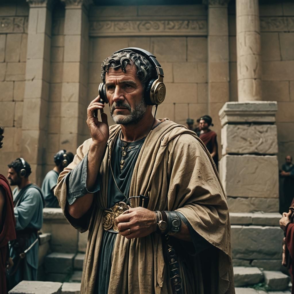 Ancient Roman Senator with Headphones: Cinematic Still