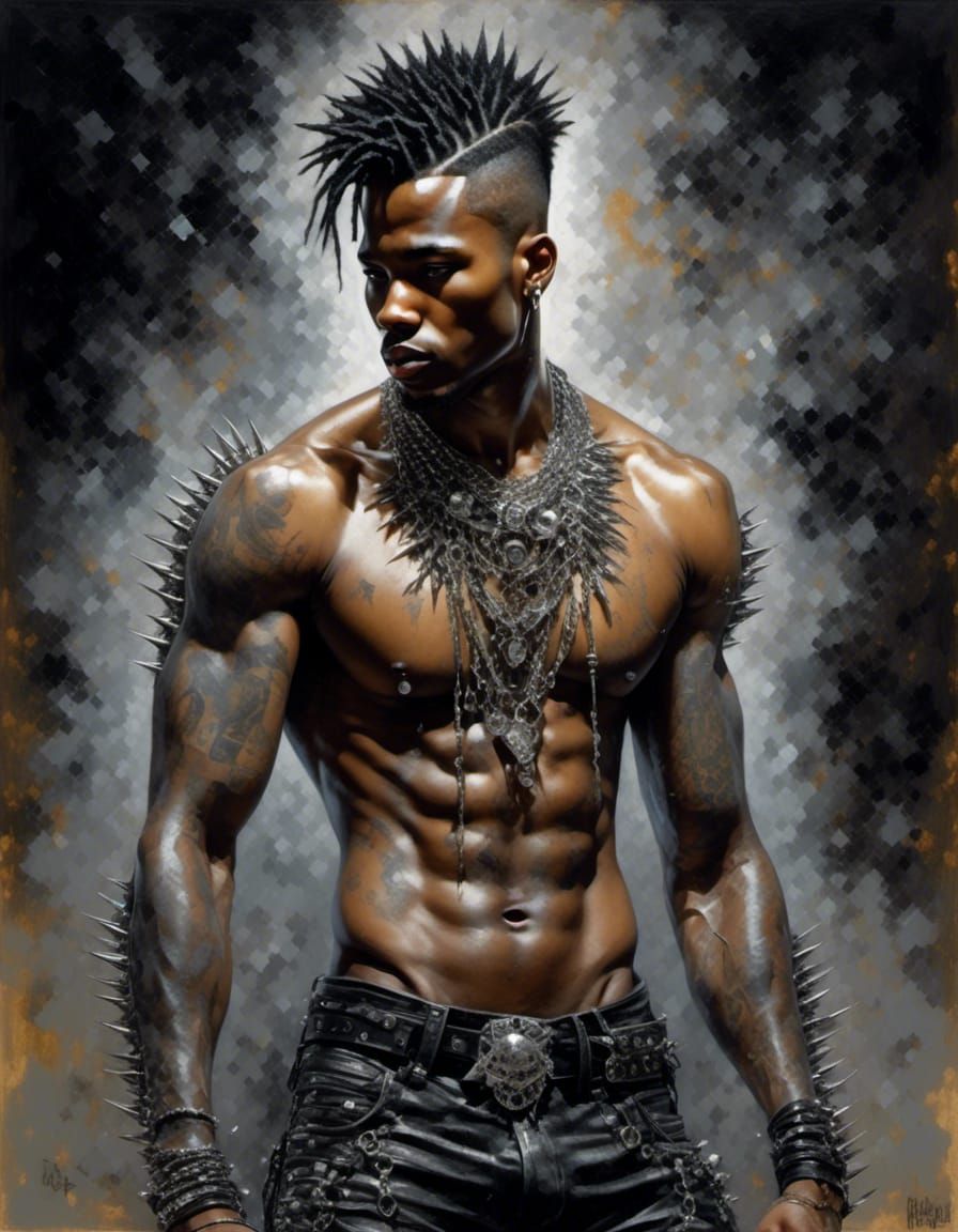 Intricate Metalhead Jewelry on Black Man, Watercolor