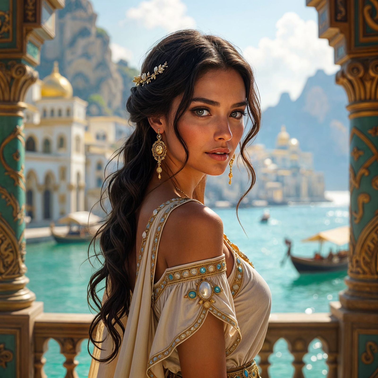 Watercolour of Atlantean Woman in Vibrant Harbour