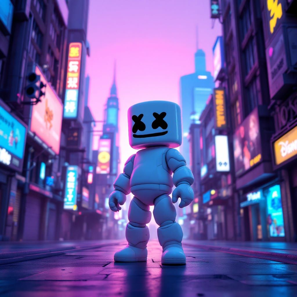 Futuristic Marshmallowpunk Character in Cyberpunk Alleyway