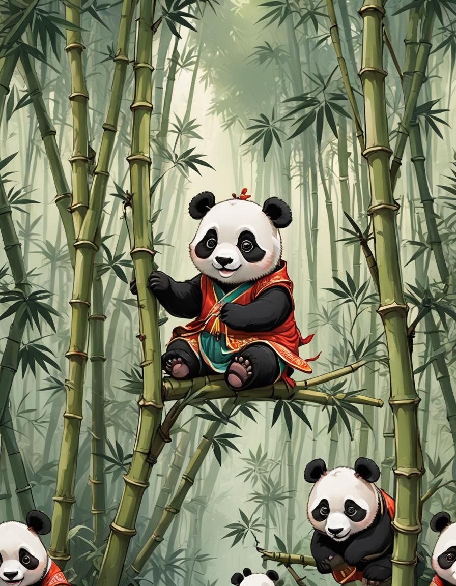 Cute Panda Princess in Bamboo Forest, Anime Style