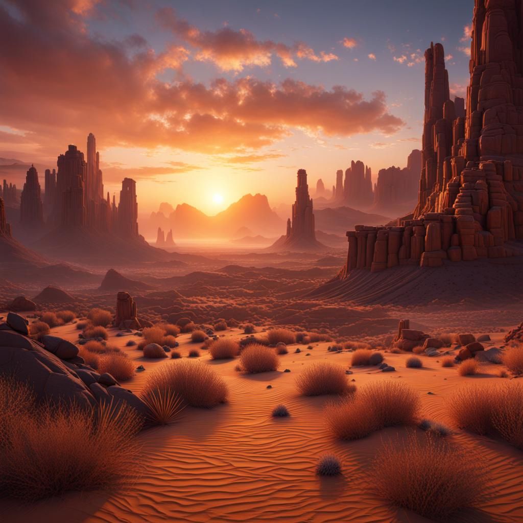 Fantastical Desert Sunrise: Detailed Matte Painting