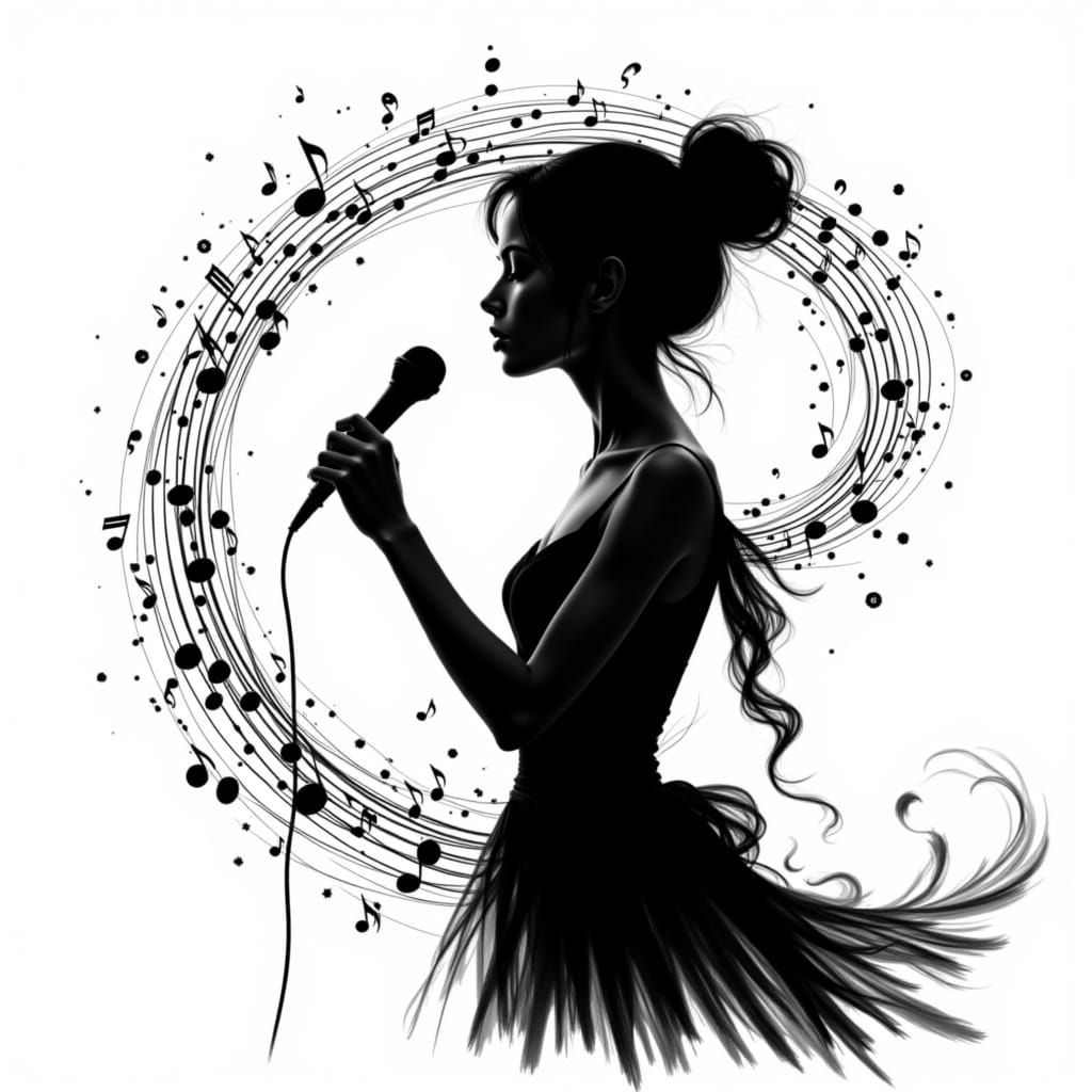 Maiden Singing Silhouette with Swirling Musical Notes