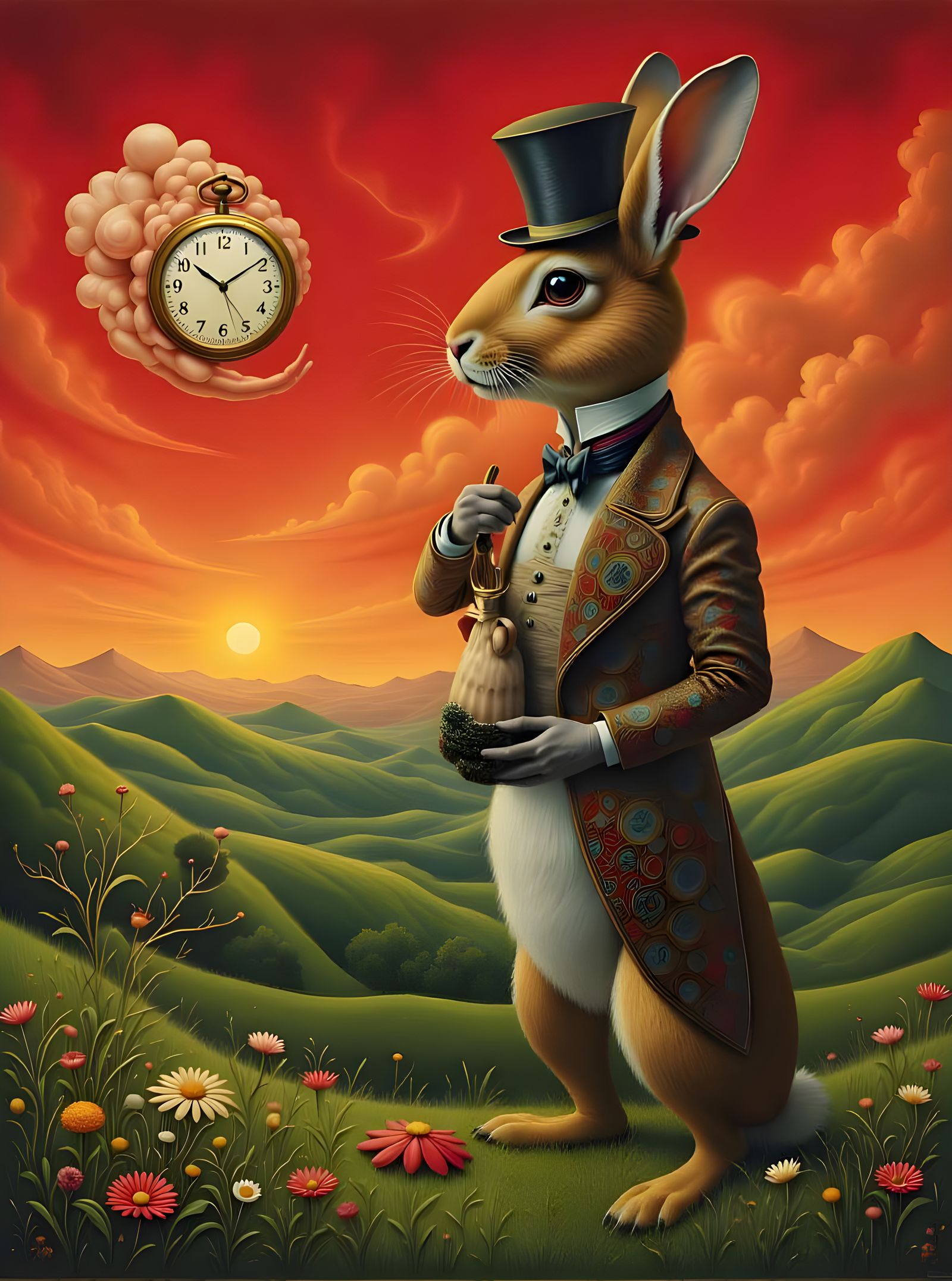 Surreal Hare with Pocket Watch at Sunrise