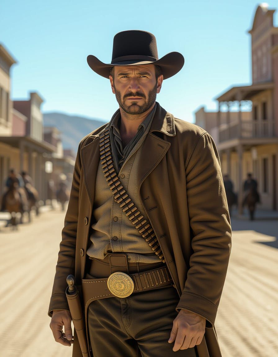 Ringo Kid in Dusty Western Town, Photorealistic