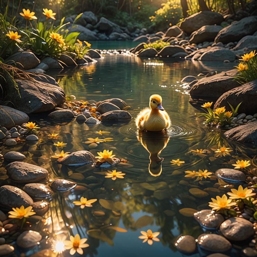 Enchanted Duckling in River at Sunset