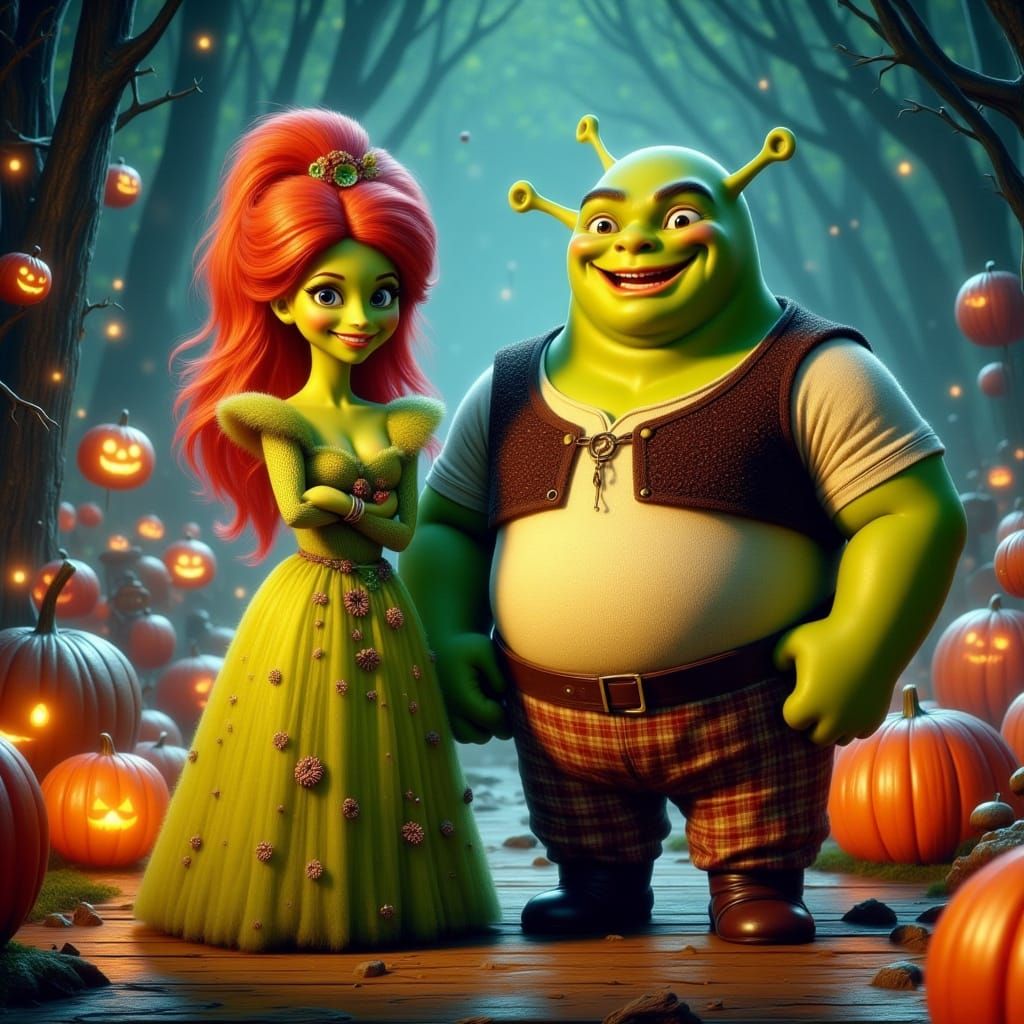 Shrek and Fiona Swamp Scene in Whimsical Cartoon Style