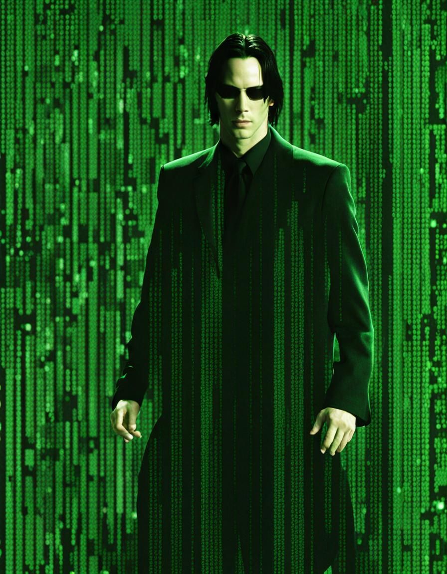 Keanu Reeves in Matrix Green Binary Glitch