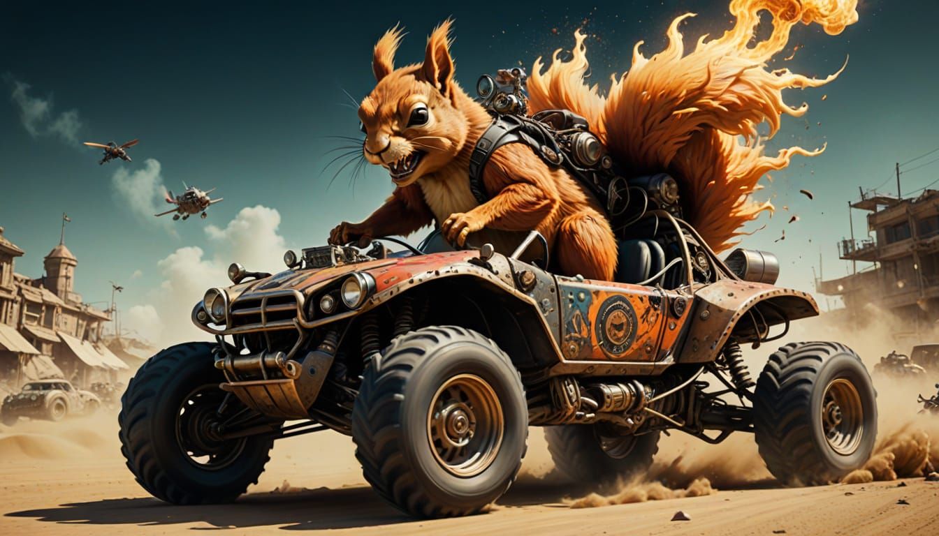 Battle Squirrel Monster in Mad Max Dunebuggy