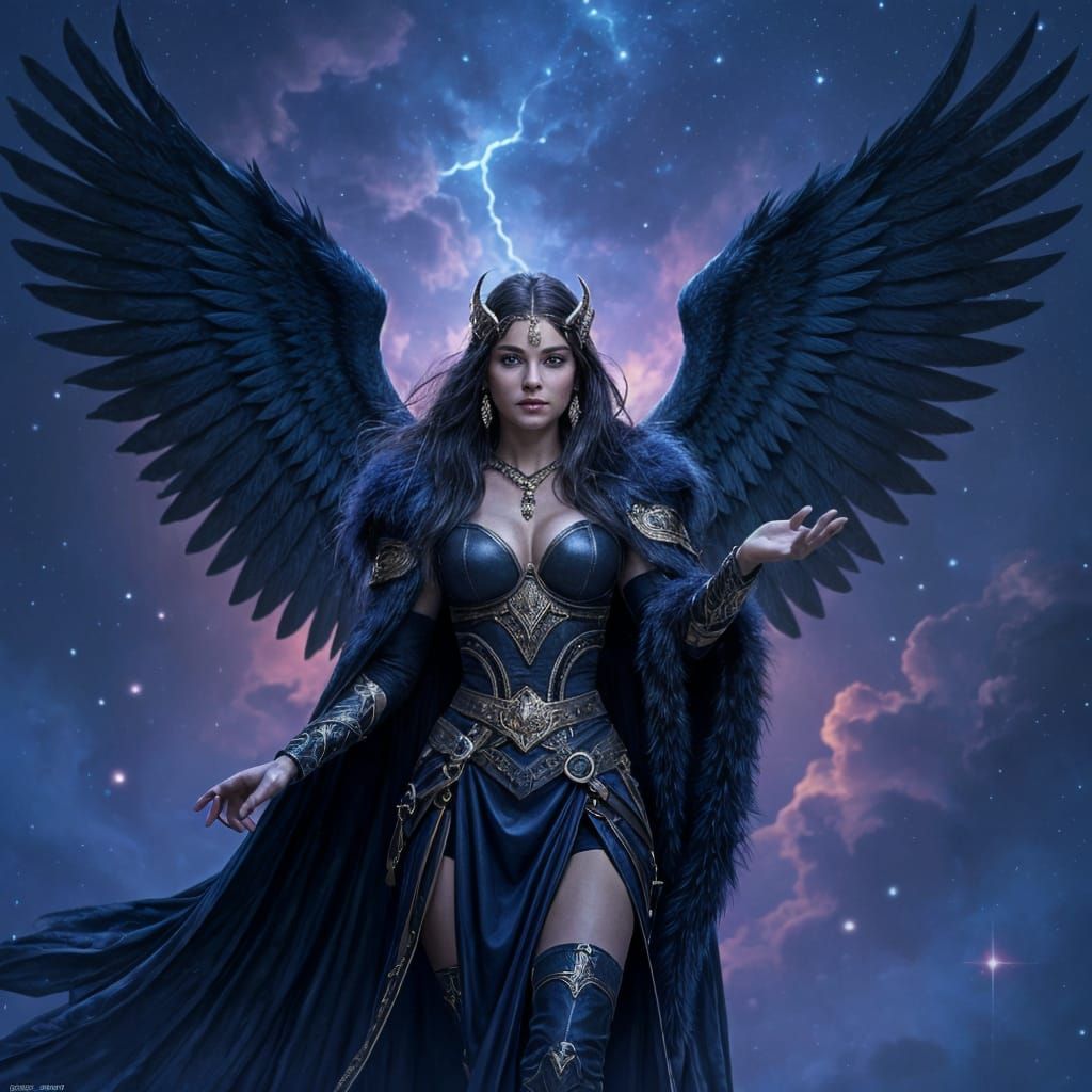 Valkyrie with Dark Wings in Cosmic Haze