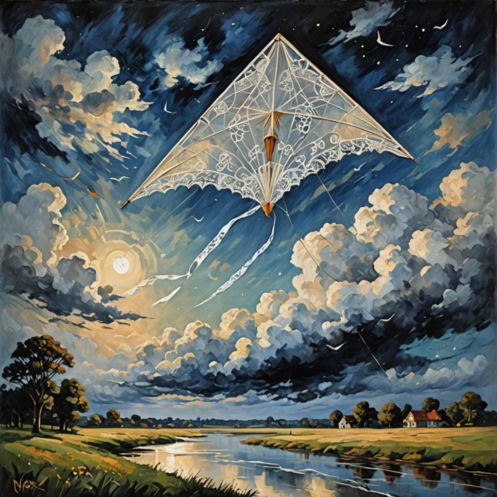 Lace Kite Soaring in Night Sky, Impressionist Oil Painting