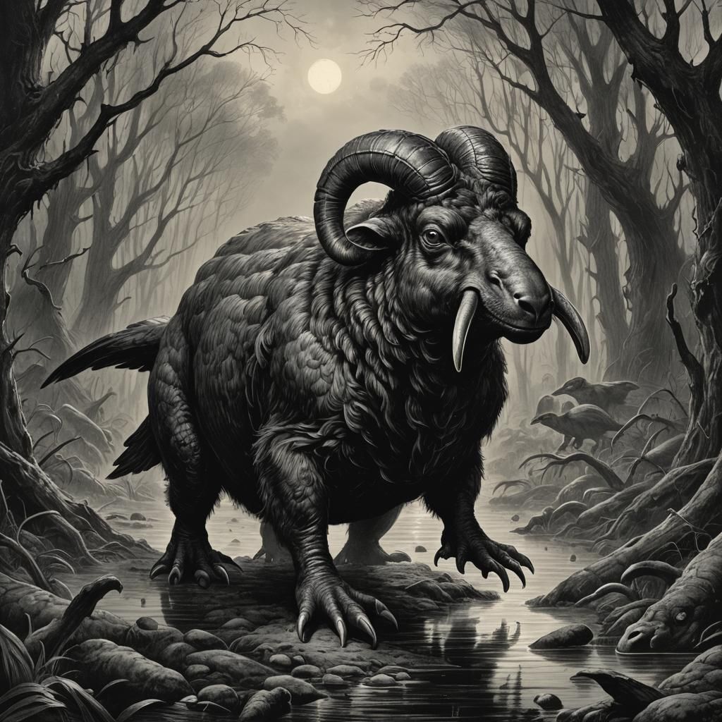 Surreal Ram-Platypus Hybrid in Gothic Horror Style