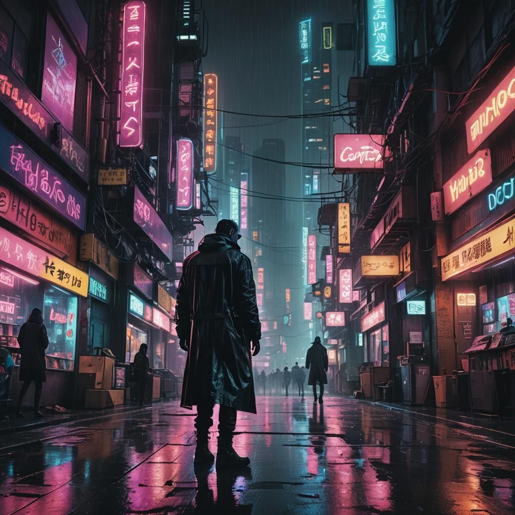 Cyberpunk Figure Invades Guitar Store in Neon Cityscape