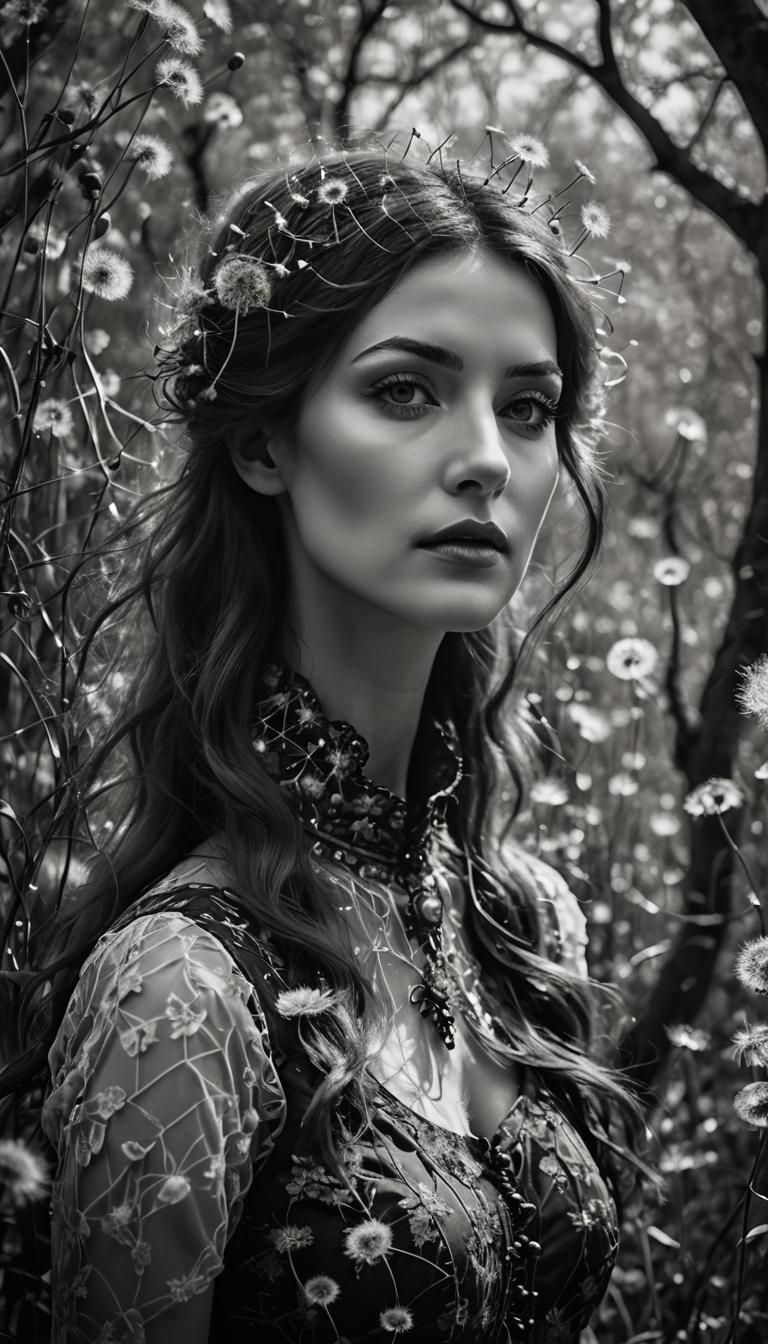 Ethereal Woman in Dandelion Dreamscape, Infrared Photography