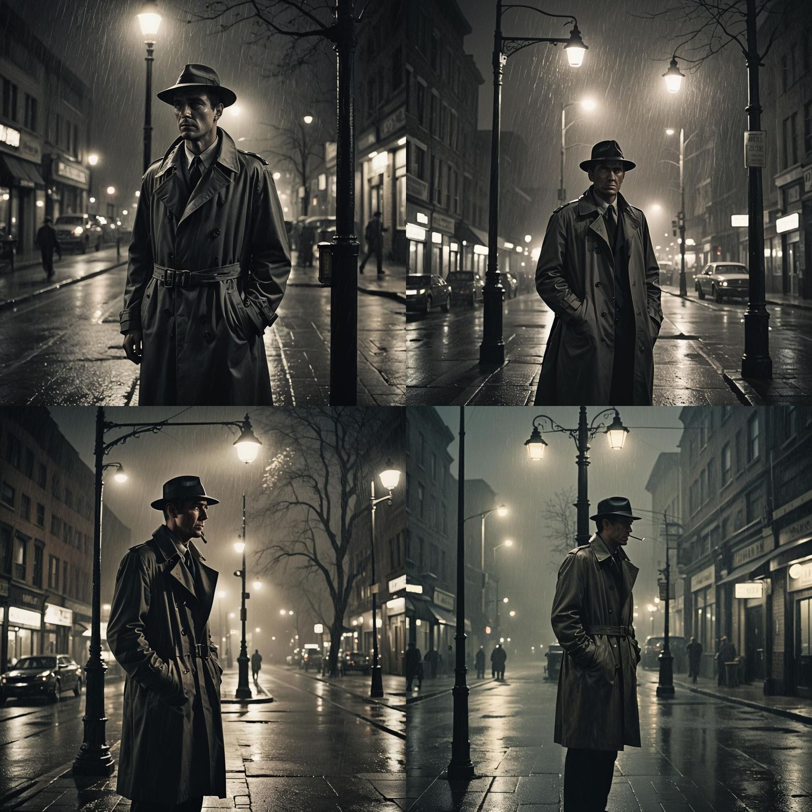 Dramatic Film Noir Detective in Rainy Street Scene