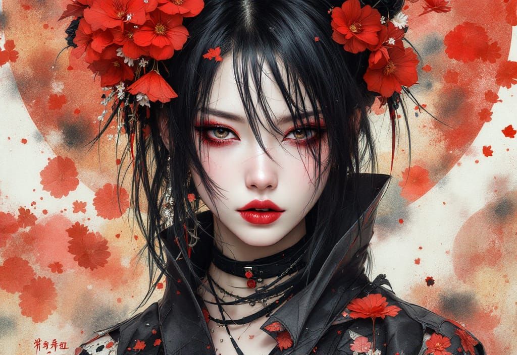 Edgy Goth Woman in Punk Kimono, Watercolor Artwork