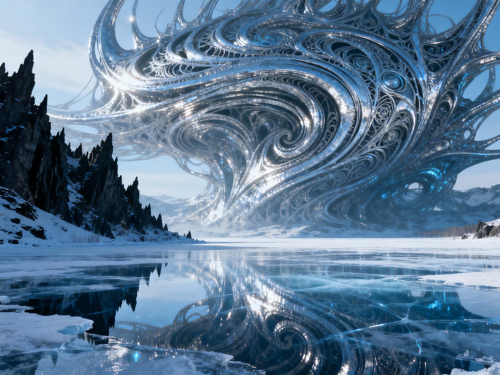 Alien Structure Reflects on Frozen Lake