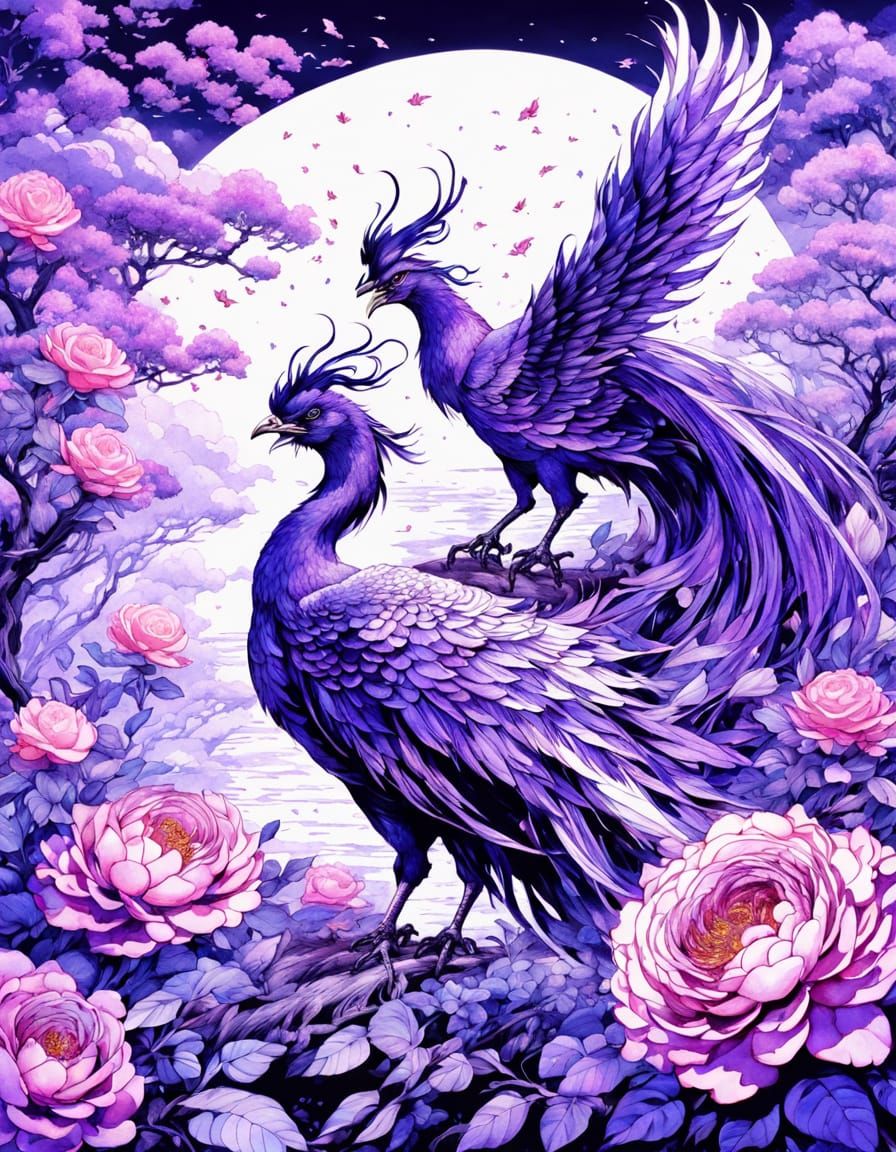 Vibrant Purple Phoenix in Chiaroscuro Watercolor