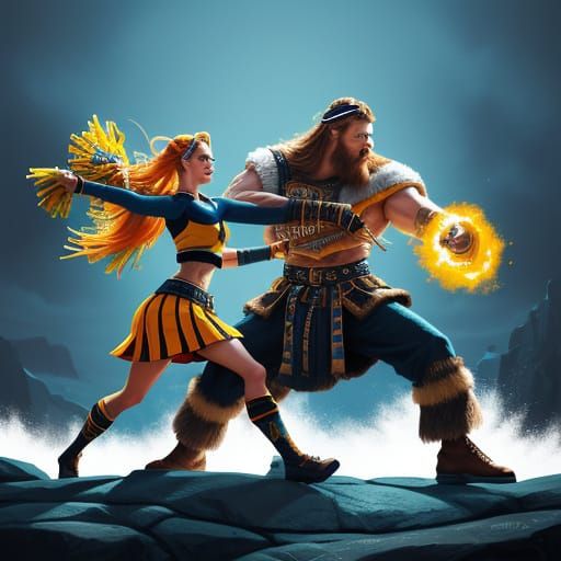 Viking and Cheerleader Dance the Rock in Vibrant Oil Paintin...