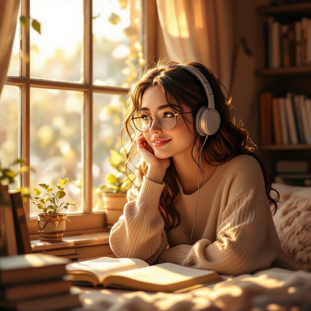 Woman Studying by Window in Golden Hour Light