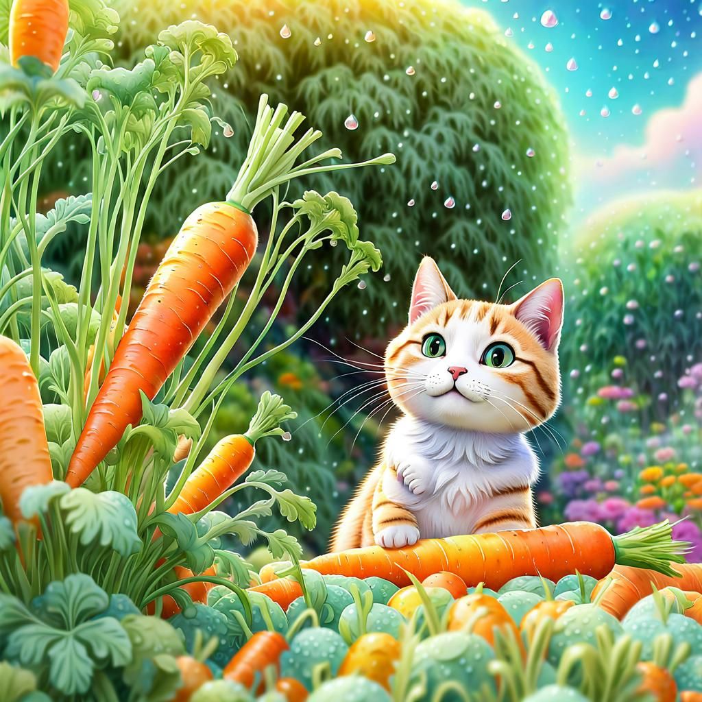 Cute Cat Enjoys Carrots: Whimsical 3D Anime Art