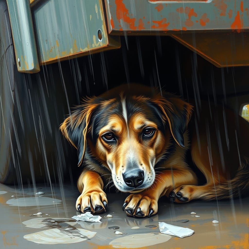 Stray Dog in Rain: An Expressive Oil Painting