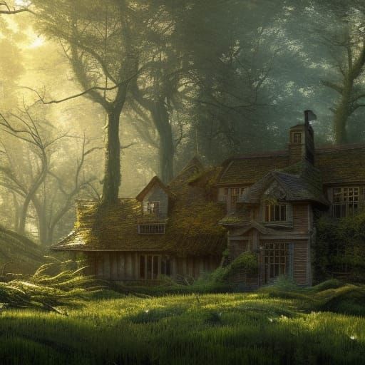 Enchanted Cottagecore House in Elder Forest, Digital Art
