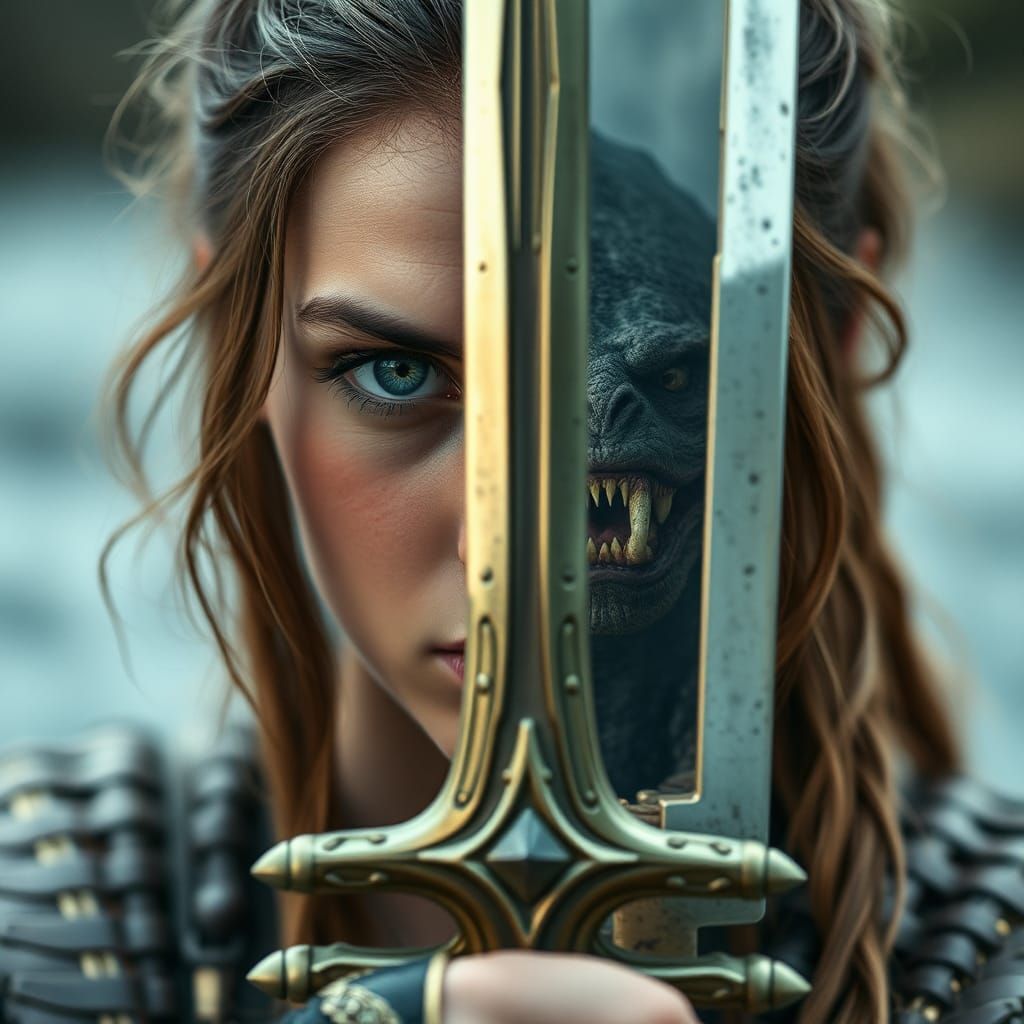 Fierce Selkie Warrior with Reflective Sword