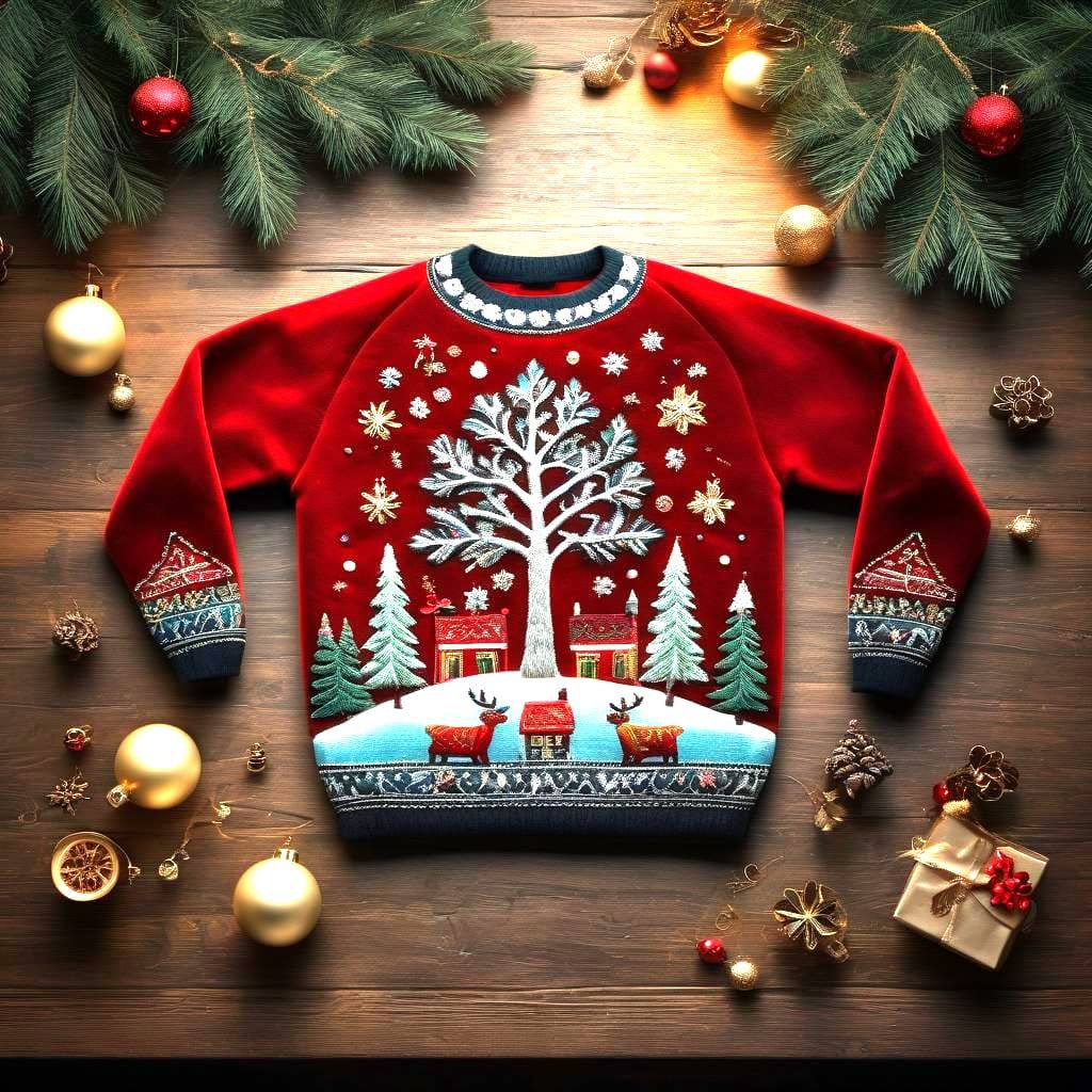Christmas Sweater in Folk Art Embroidery on Velvet