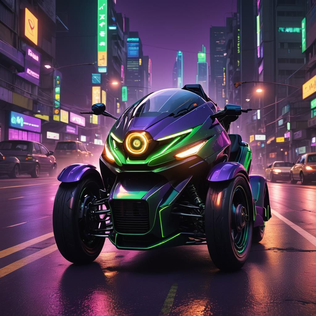 Futuristic Bajaj on Neon Highway: Matte Painting