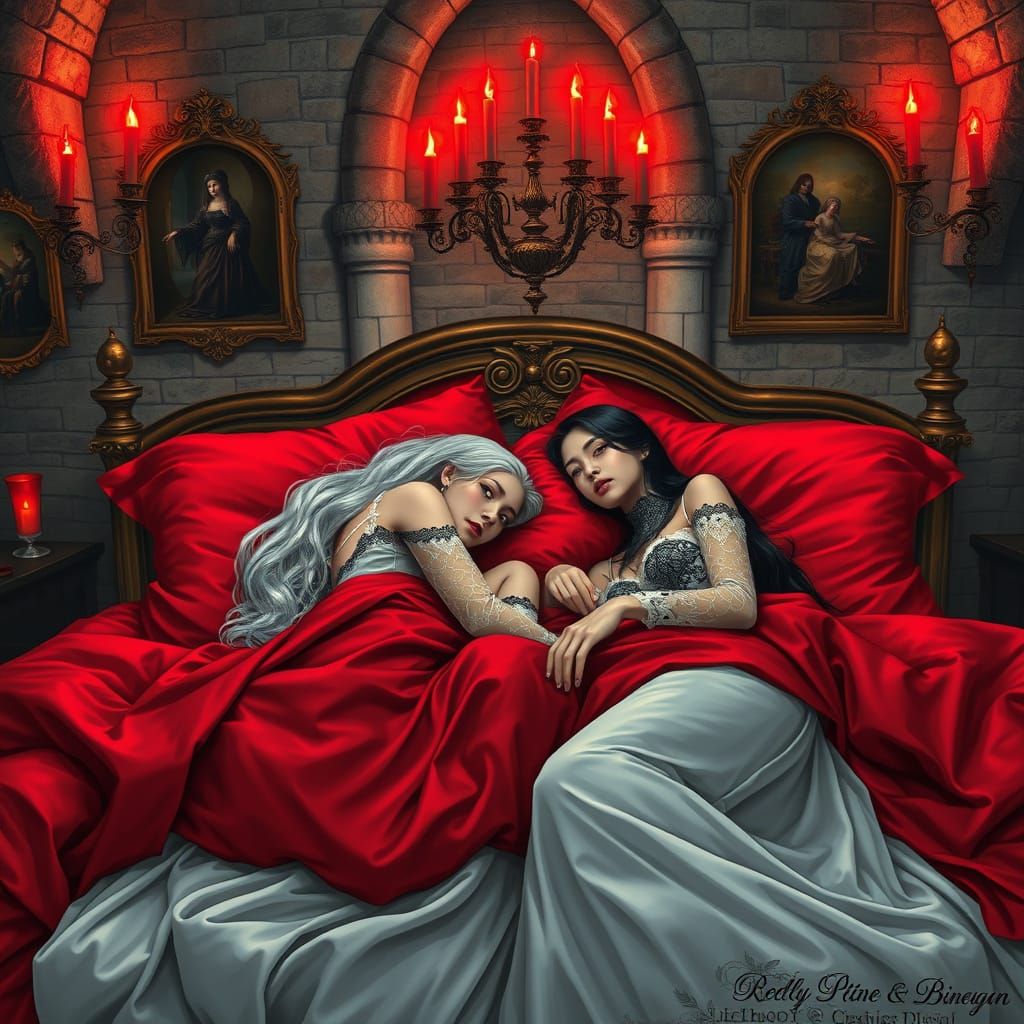 Elegant Gothic Girls in Red Silk Bedding