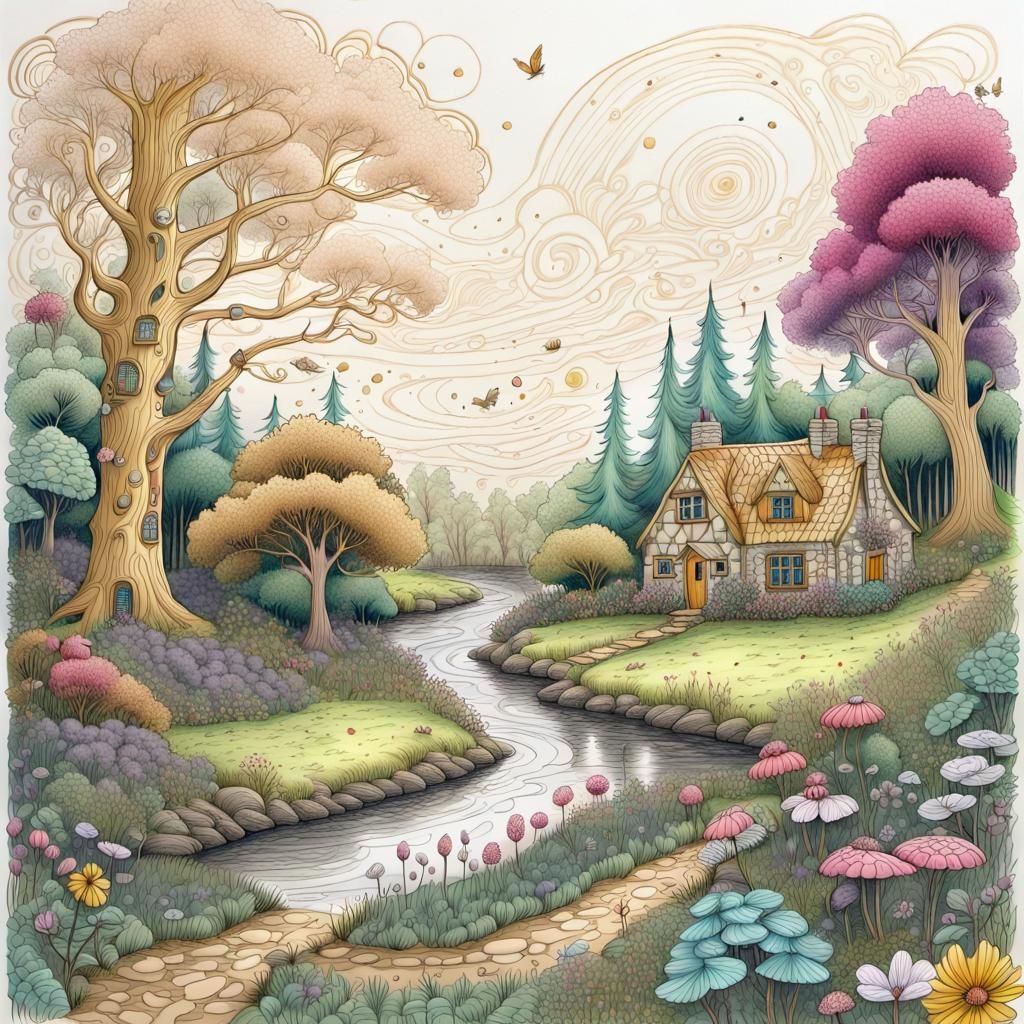 Fantasy Forest Cottage Doodle Art Print
