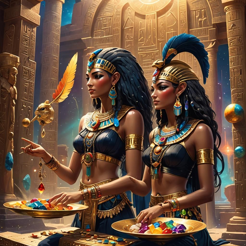 Egyptian Goddesses with Balance Scale, Detailed Matte Painti...