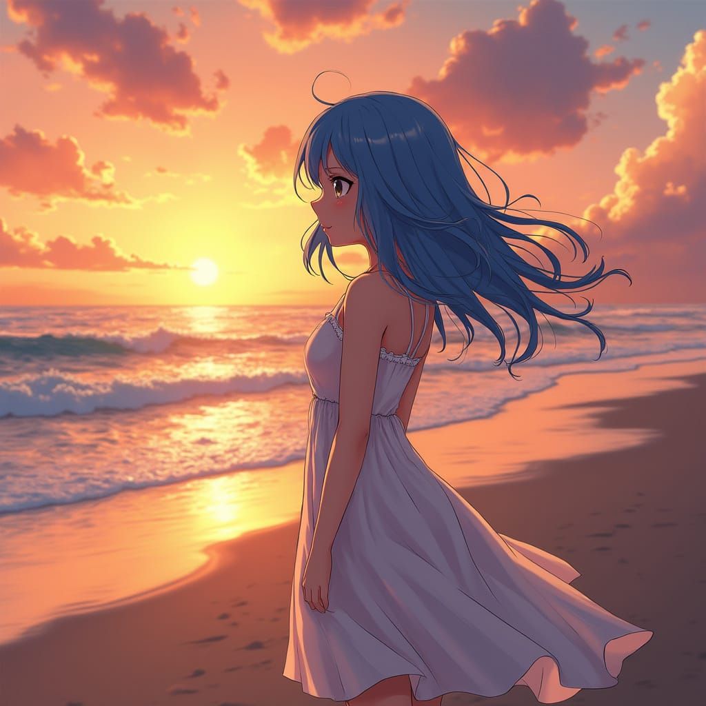Emilia on a Sunset Beach, Anime-Inspired