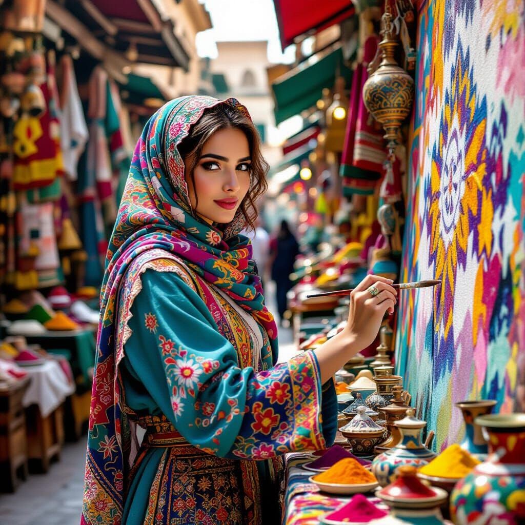 Moroccan Woman Paints Mural in Lively Marketplace