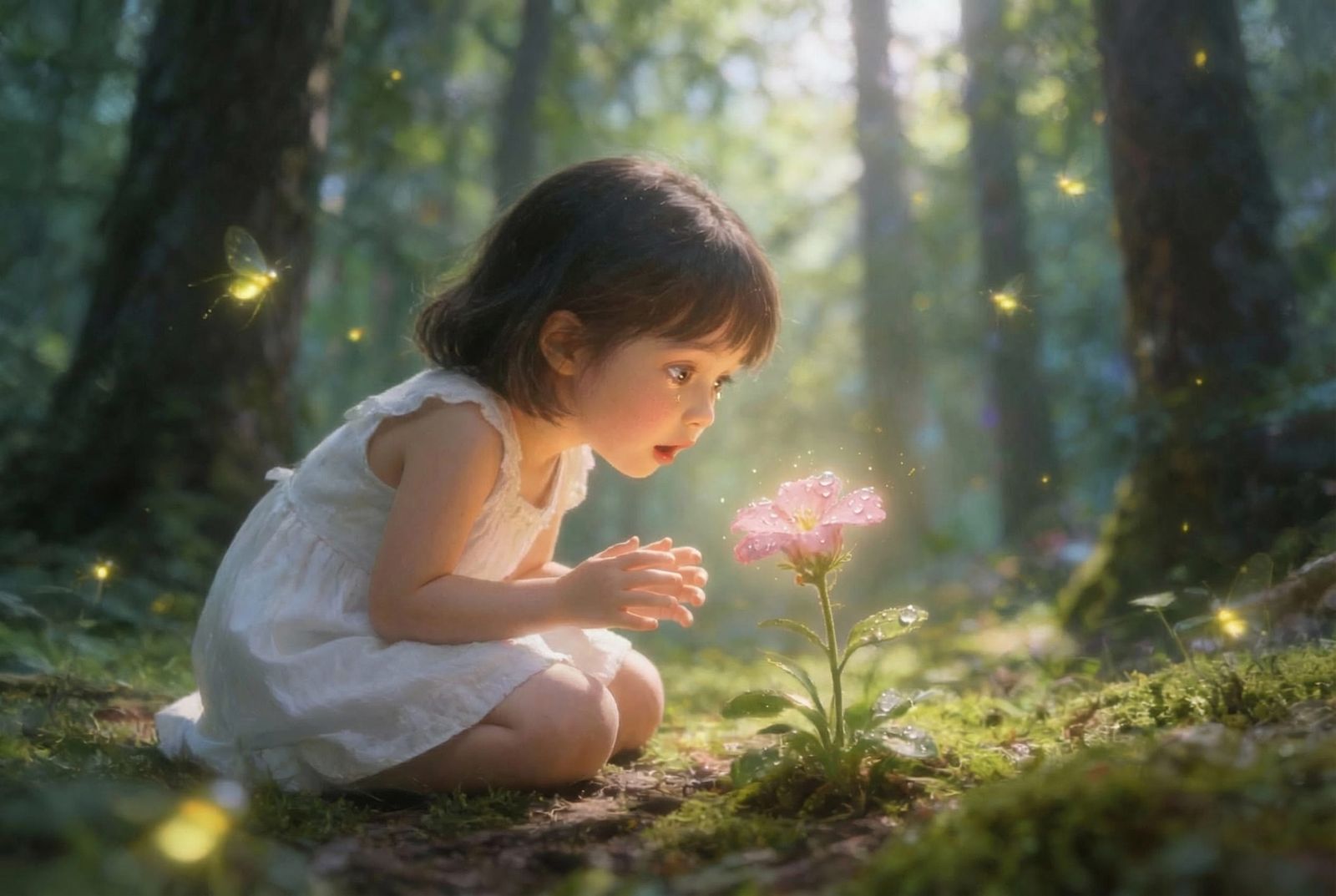 Dreamy Forest Scene: Girl Contemplating a Flower