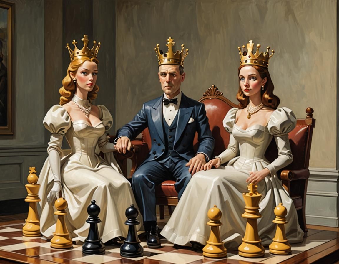Cartoon King and Queen Chess Pieces in Hopper Style