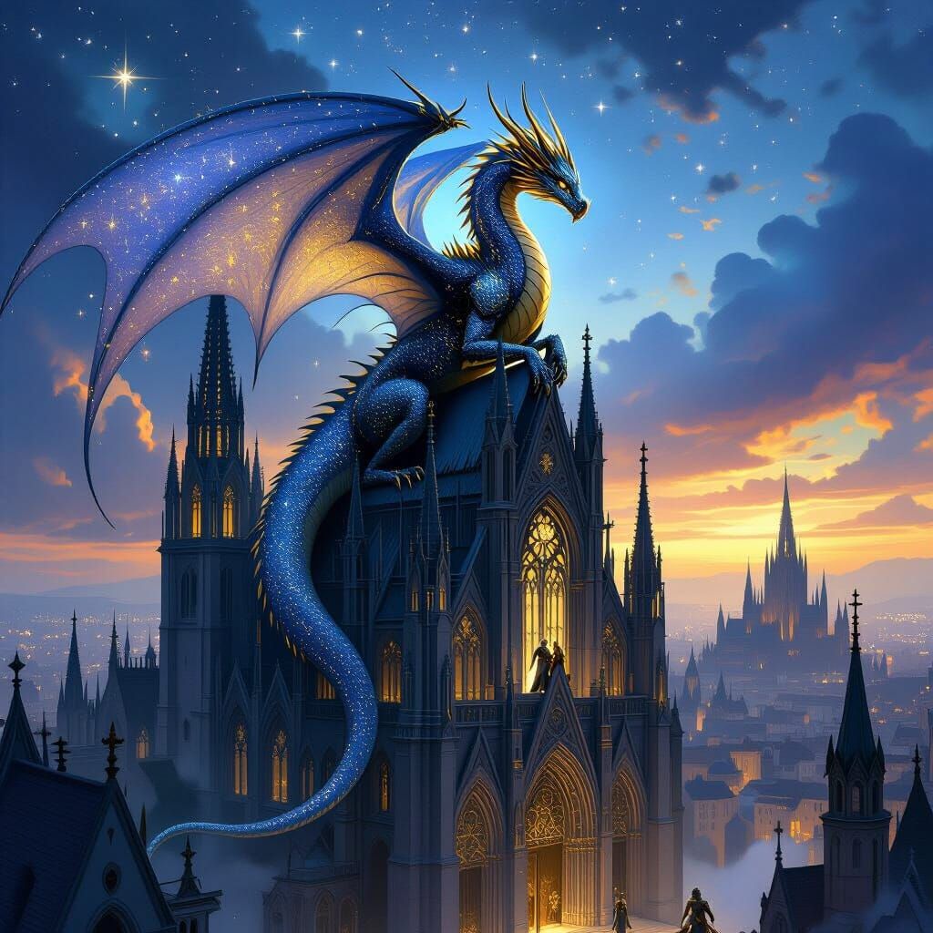 Celestial Dragon Over Gothic Cityscape, Art Nouveau Style